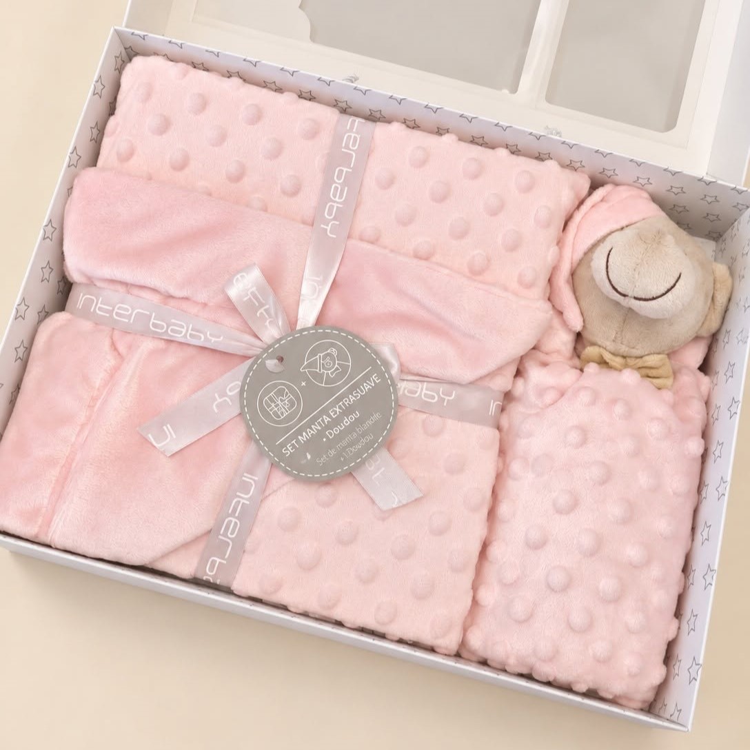 Conjunto de manta e doudou rosa para bebé