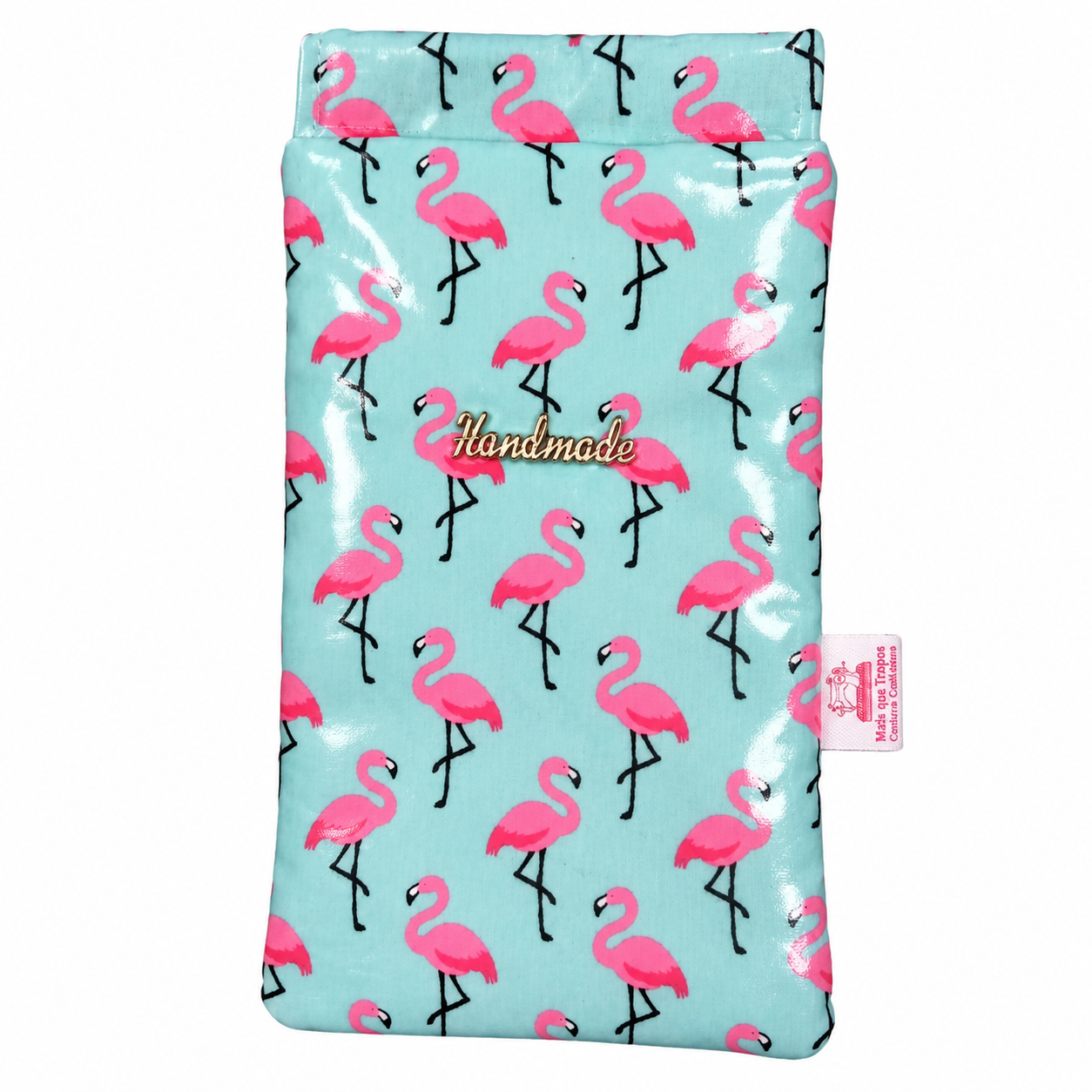 Bolsa artesanal azul com flamingos rosa.